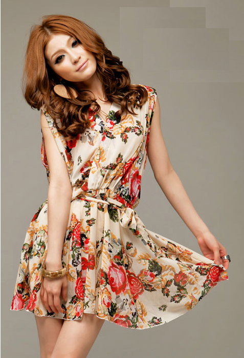 PD-2995 Ladyhood Folded Chest Sleeveless Floral Dress