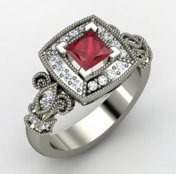 Dauphine Ring Princess Ruby 14K White Gold Ring with Diamond Gemvara